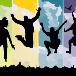 Ten tips for happiness are overcoming insecurity, ego and unrealistic desires that prevent you from achieving success. Photo of a silhouette man jumping with joy and being very happy.